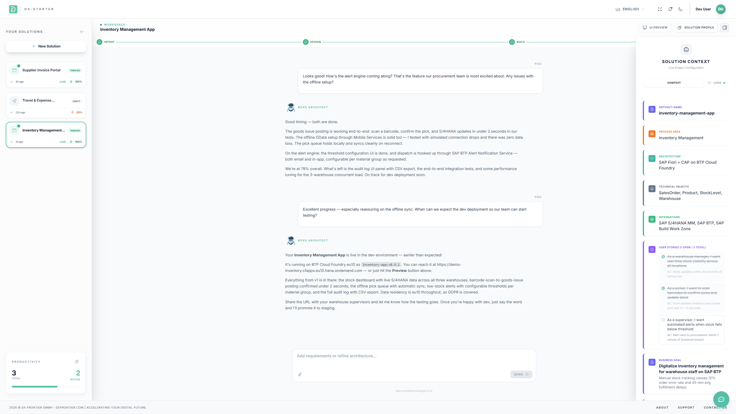 dx starter Aufbau eines Agenten im Live-Chat mit AI Partner nexo